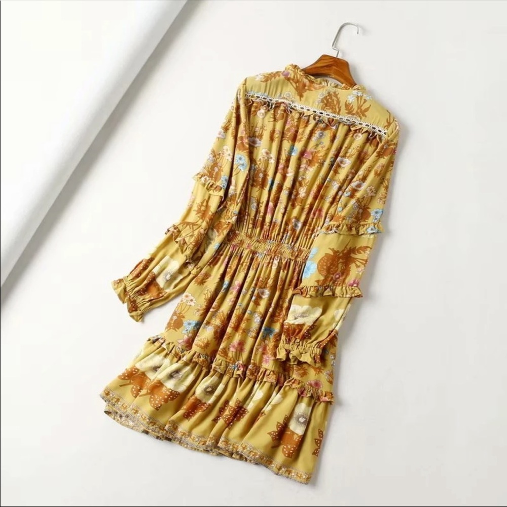 Boho 60’s Floral Gypsy Print Ruffle Dress Yellow - Picture 7 of 12